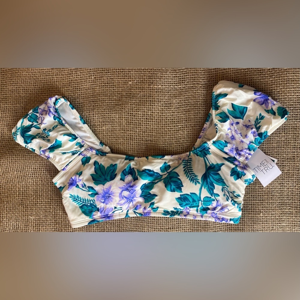Time & Tru Bathing Suit Top w/Elastic Sleeves, Size S (4/6), Padded, Floral